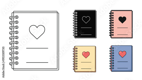 Set of spiral notebook icons with heart designs in various colors including black and white outline and pastel color palettes for use.