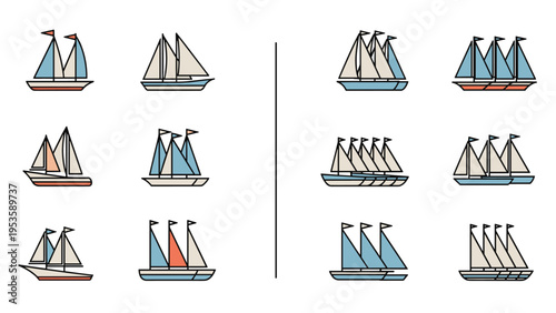 Educational sailboat counting worksheet for children comparing different groups of boats with blue and orange sails on a white background.