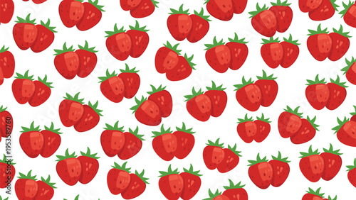 Ripe red strawberry pair pattern scattered across a white background for fresh fruit and organic food themed wallpaper and textile designs.