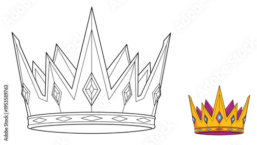 Complex royal king crown coloring page for kids with intricate patterns and a small colored reference to guide young artists in their work.