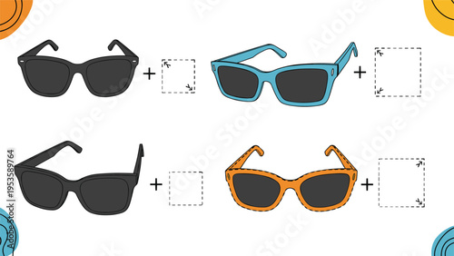 Mathematical matching game for preschoolers featuring different styles of sunglasses and square boxes for logic and pattern recognition skills.