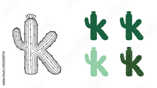 Alphabet letter K creatively illustrated as a tall cactus with a flower on top shown in outline and different green color variations for kids.