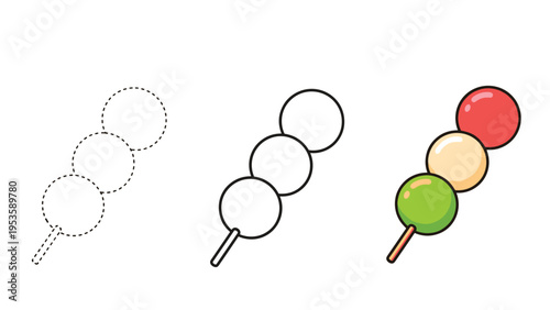 Drawing guide for a dango stick showing the sequence from a dotted outline to a finished colorful illustration for kids and food lovers.