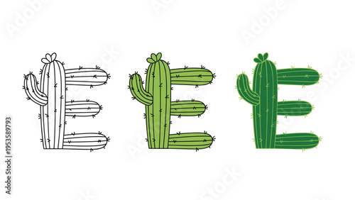Letter E creatively designed as a green prickly cactus plant shown in outline and different shades for preschool nature theme learning.