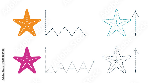 Educational pre-writing worksheet for kids to trace dashed lines and starfish shapes to develop motor skills.