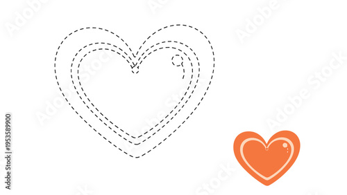 Heart shape tracing worksheet for preschool children with dashed lines and a small orange heart example.