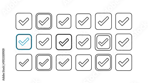 Set of square check box icons with one specific item marked in blue to show a selected or active state.