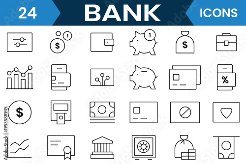 Bank icon set. Bank related outline icons such as online banking, savings, loans, ATM, mortgage,  check, profit, payment, wallet, investment, banger and more. Vector illustration.