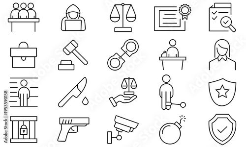 Law and Justice Icon. Set of 20 outline icons related to law legal, justice law, legal, criminal, agreement, judgment, authority,  gavel, handcuffs, lawyer and others. Vector illustration.