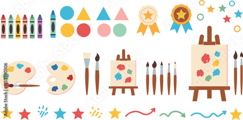 Art Education Elements Set with Paint Brushes Palette Easel Crayons Shapes and Creative Tools for Kids Learning and Drawing Illustration Collection
