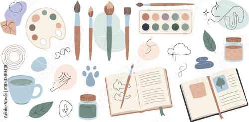 Art Supplies and Creative Workspace Set with Paint Brushes Palette Sketchbook Watercolor Tools and Hand Drawn Elements for Artistic Illustration Design
