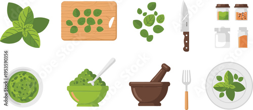 Basil Cooking Preparation Set with Fresh Leaves Cutting Board Pesto Sauce Mortar and Kitchen Tools for Healthy Food Recipe Illustration