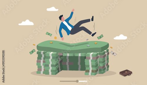 Insurance, reserve money or emergency fund on business failure, mistake accident, compensation money support cushion concept, fail businessman falling huge big desk money banknotes safety cushion