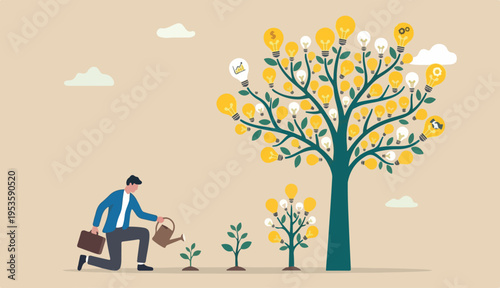 Planting new idea, growing business development, progress growth strategy, solution, learning, education or creativity concept, smart businessman watering seedling grow high with lightbulb ideas