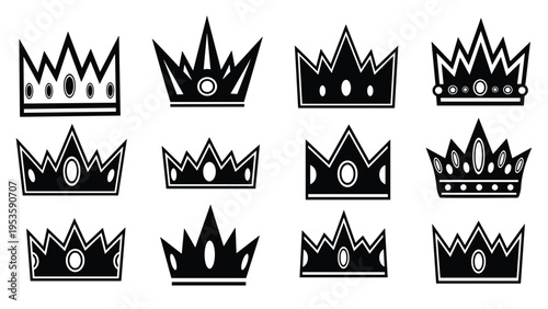 Collection of twelve different black crown silhouettes in various styles and shapes for royal and noble design projects.