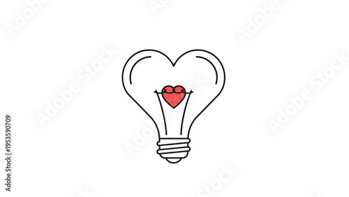 Light bulb shaped like a heart with a small red heart inside the filament representing love and creative bright ideas.