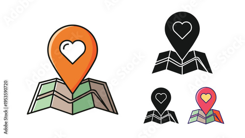 Map pin location icon with a heart symbol placed on a folded map shown in different styles for romantic travel and honeymoon planning.