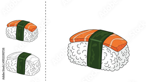 Sushi nigiri illustration set showing salmon sushi in different sizes and perspectives isolated on a white background for food and menu design.