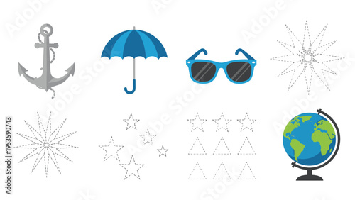 Travel and summer themed worksheet for children featuring icons like an anchor umbrella sunglasses and globe with various tracing patterns for practice.
