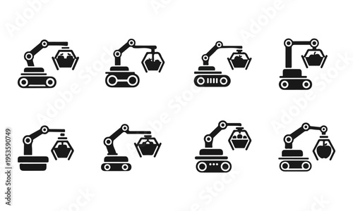 Set of black industrial robotic arm icons with grippers. Modern vector collection.