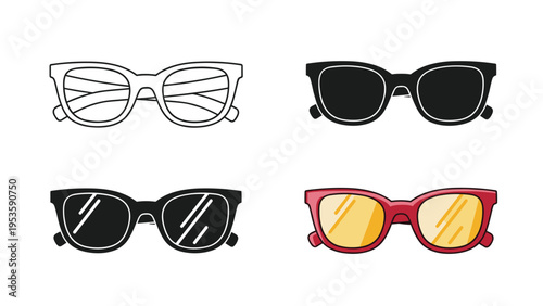 Sunglasses icon set featuring different styles including outline solid black and a colorful red frame with yellow lenses for fashion and summer themes.