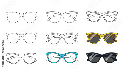 Sunglasses icon set featuring multiple styles including dashed tracing paths clean outlines and fully colored versions in yellow and blue.