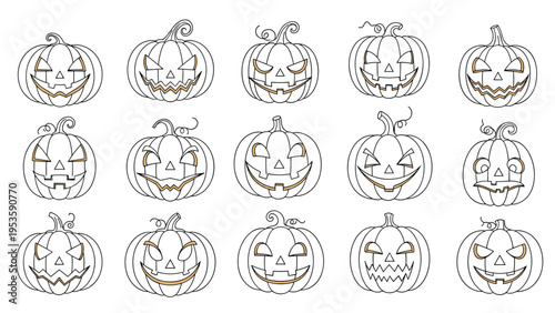 Collection of fifteen different jack o lantern pumpkin outlines with various spooky and funny faces for halloween decorations and coloring activities.
