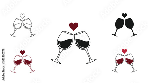 Toasting wine glasses with a heart symbol available in several styles like outline solid and colored for romantic dinner and wedding themes.