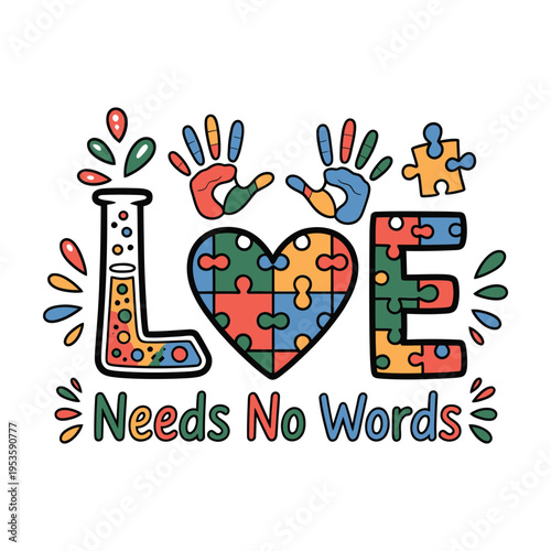 Colorful illustration displaying the word love with puzzle pieces and hands