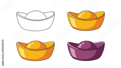 Sycee or Chinese gold ingot icon set in various colors like gold white and purple representing wealth and prosperity for lunar new year celebrations.