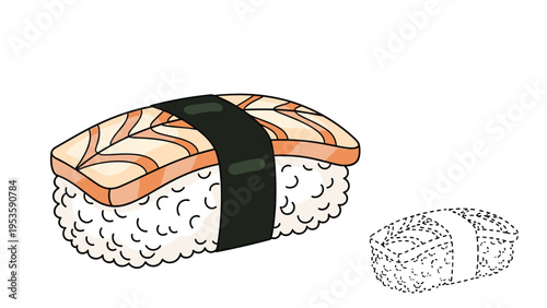 Salmon sushi nigiri with nori seaweed wrap illustration features a colorful drawing alongside a small dotted outline for tracing.