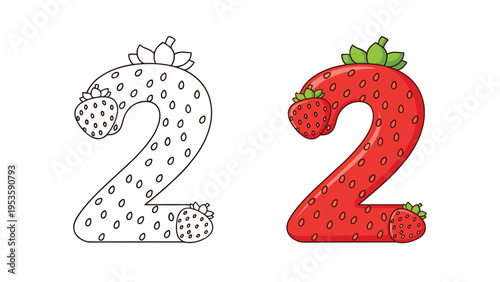 Number two designed in the shape of a large red strawberry with small berries on its ends presented in both outline and colored versions for kids.