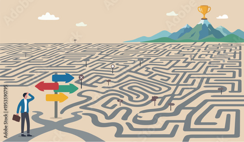 Path growth office support solution office people idea work flat company chart assessment project businessman finding the way in labyrinth to reach target.