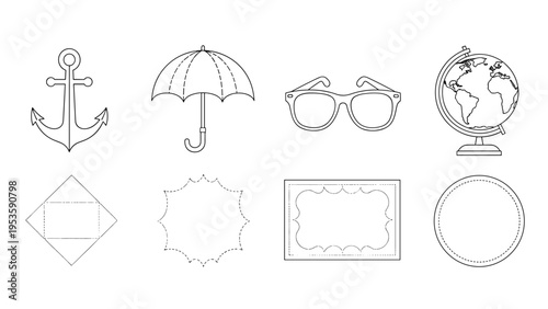 Educational activity page displays line art icons like an anchor and globe above various geometric shapes with dotted outlines for tracing.