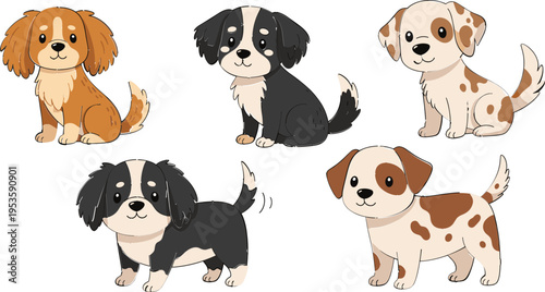 Cute Cartoon Puppy Dog Characters Set with Different Breeds Sitting and Standing Adorable Pet Animals Collection Isolated Vector Illustration