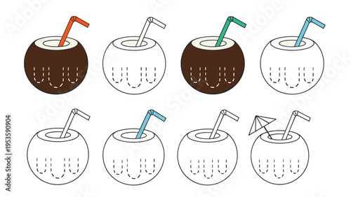 Collection of coconut drinks with colorful straws includes various styles such as solid color, outlines, and dotted lines for tracing.