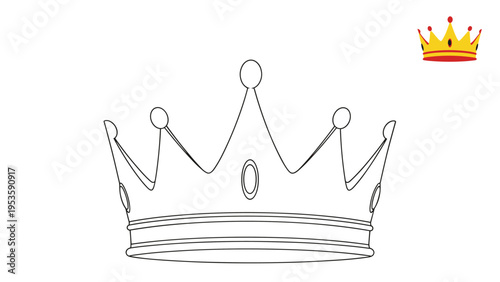 Royal crown outline for coloring activities features a detailed line drawing and a small colored icon for artistic inspiration.