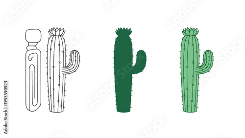 Number one designed with the texture and shape of a prickly cactus is shown in line art, solid silhouette, and green colors.