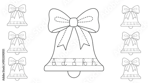 Christmas bells decorated with large ribbons are presented as handwriting practice worksheets for learning letters and fine motor skills.