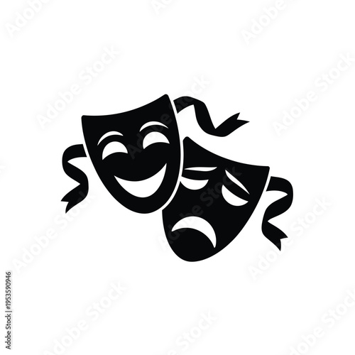 Black and white illustration depicting a comedy and tragedy theatrical mask pair
