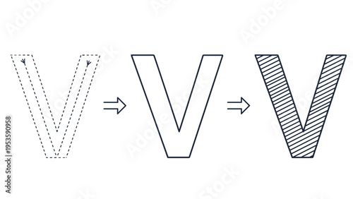 Visual guide showing the steps to trace, outline, and shade the capital letter V for educational handwriting practice.