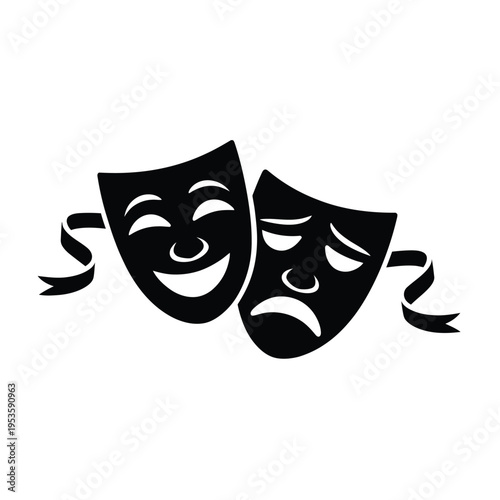 Black and white illustration of comedy and tragedy theatrical masks with ribbons