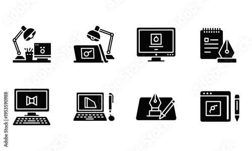 Set of Black Vector Graphic Design and Creative Workspace Icons