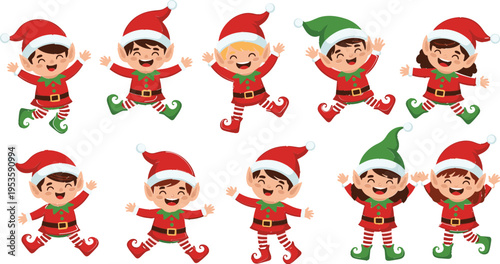 Cute Christmas Elf Characters Collection Jumping and Celebrating with Santa Hats Red and Green Holiday Costumes for Festive Winter Decoration Designs