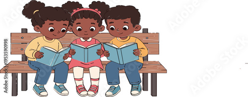 Cute Children Reading Books Together on Park Bench Cartoon Illustration Set Showing Happy Kids Learning Education and Storytime Activity for School Designs