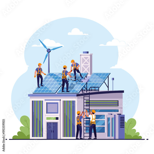 Construction team installing solar panels and wind turbine on a modern eco-friendly building