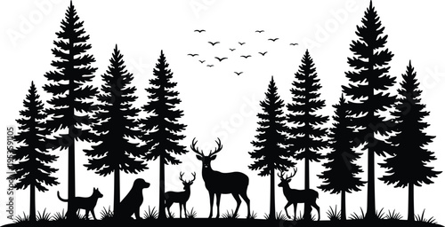 Silhouette forest scene with pine trees, flying birds, deer family, and dogs in natural woodland wildlife environment peaceful composition
