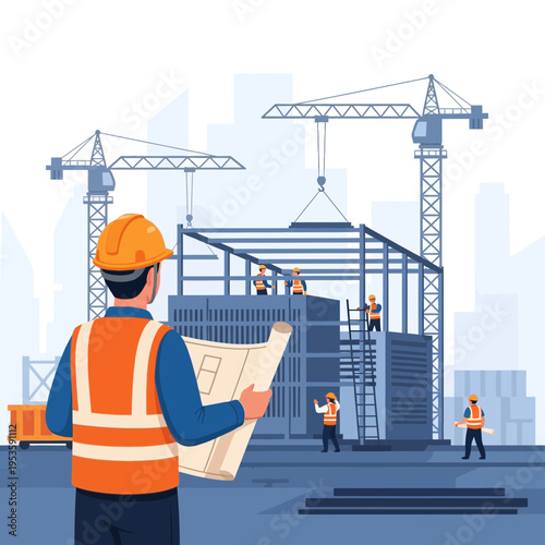 Civil engineer supervising construction site with blueprints and workers