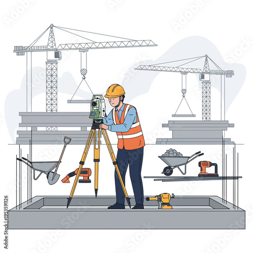Civil engineer using surveying equipment on a construction site with cranes and tools