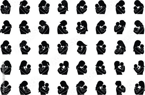 Silhouette vector illustration showing adult figures holding babies in nurturing poses, family care, parenting love, childcare affection, black design